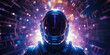 A futuristic astronaut stands against a vivid backdrop of glowing lights and geometric patterns, evoking a sense of space exploration and digital technology. Generative AI.