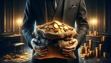 Man In Black Suit Holding A Bag Full Of Shining Gold Coins. Golden Coins Are Cradled In A Bag, Firmly Gripped By A Businessman. Wealth And Luxury.