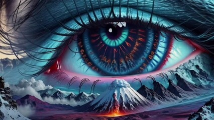Wall Mural - Big human eye against the backdrop of a mountain landscape, illustrations transformations and metamorphose. AI generated video