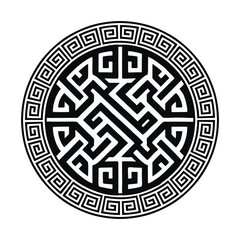 Canvas Print - Beautiful black round greek key meanders mandala pattern on white background. Decorative circle ancient greece and celtic style trendy ornament. Isolated drawing design. Greek ornamental frame