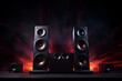 Multimedia acoustic sound speakers, Sound audio system with two satellites and subwoofer on dark background, Stereo system for listening music, aesthetic look