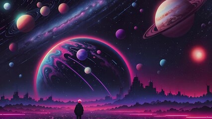 Wall Mural - Futuristic cosmic animation with deep space, galaxy, and futuristic cityscape on planet. Bright cosmic animation with illustrations transformations and metamorphose. AI generated cinematic video