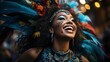 © Juan - A radiant carnival queen with a feathered headdress and joyous expression amidst a festive backdrop.