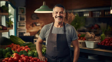 Sticker - A cheerful middle-aged grocer wearing an apron, standing in front of a vibrant display of fresh produce, including tomatoes and peppers, in a local grocery market.