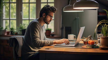 Canvas Print - Focused man with a beard and glasses is working on a laptop in a well-lit home office