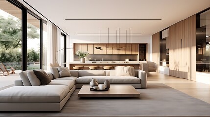 A modern minimalist home interior design with clean lines, sleek furniture, and neutral color palette, featuring an open-concept living space connected to a spacious kitchen, bathed in natural light 