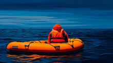 Person In Life Jacket On Orange Lifeboat In Open Sea.
