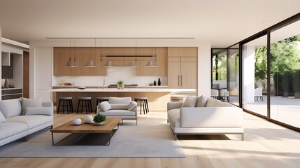 Wall Mural - A modern minimalist home interior design with clean lines, sleek furniture, and neutral color palette, featuring an open-concept living space connected to a spacious kitchen, bathed in natural light 