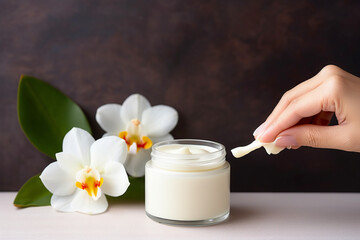 Organic natural skincare concept, open blank cosmetic cream jar with white cream texture inside and woman hand holding glass dropper for dermatologist testing decorate with white flower at background