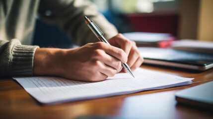 Wall Mural - A person's hand is seen writing notes with a pen on a piece of paper, suggesting a moment of study or work at a desk.