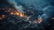 Aerial view of a city in the Middle East destroyed by an aerial bomb explosion with thick smoke billowing