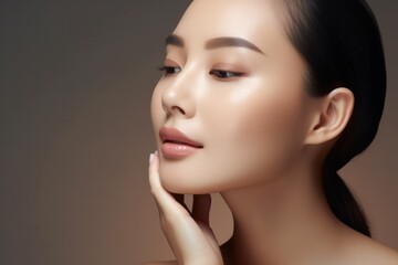 Wall Mural - Beautiful young looking asian woman happy smiling, face with smooth healthy skin and cosmetics advertising concept.