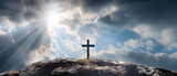 Fototapeta  - the holy Cross christ stone in the mountains. Christian symbol of faith. Happy easter. Silhouettes of crucifix symbol on top mountain with sky background. Generative ai