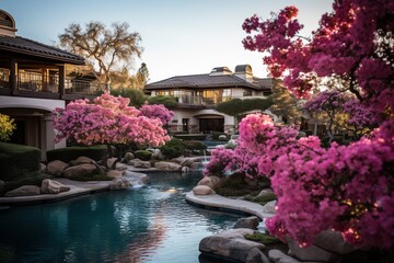 Wall Mural - View of a beautiful hotel with a large swimming pool and pink flowers on the premises. Luxury travel vacation. Generative AI