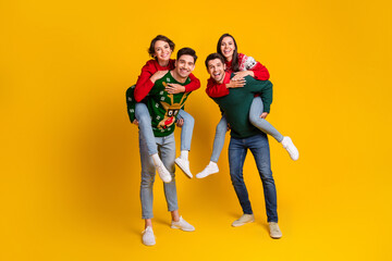 Sticker - Photo of four best buddies people have fun on christmas event occasion piggyback isolated shine color background