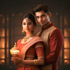 Wall Mural - Young indian couple celebrating diwali festival at home