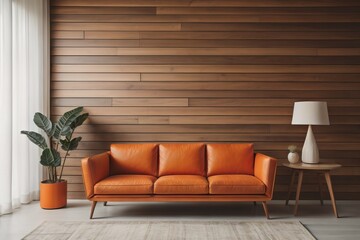 Beige lounge chair near orange loveseat sofa against wood and stone paneling wall. Mid-century style home interior design of modern living room