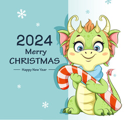 Poster - Cute little dragon with candy cane.