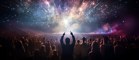 Huge dance floor in a big hall in the nightclub or in the concerthall. Colored bright lights from the stage. Crowd of thousands of young people standing in awe, having fun. Above them are spot lights.