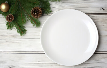 White plate with Christmas decor on white wooden table