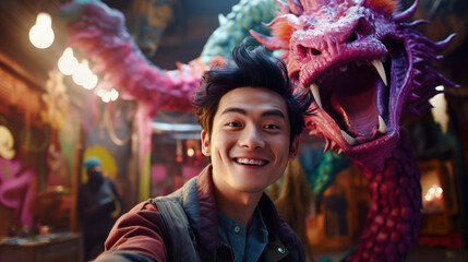 Chinese Man takes selfie with a dragon at festival. Symbol 2024. Psychology of relationships.