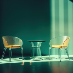 Wall Mural - Two chairs and a table in front of an orange wall, AI