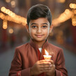 Cute indian boy holding firecrackers in hand, celebrating diwali festival.