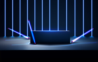 Leinwandbilder - Sci-fi dark blue abstract room with illuminate horizontal neon lamp. An empty podium on an empty blue stage with diagonal blue lines of neon lights in the background. Vector illustration