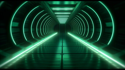 Sticker - Futuristic space tunnel with green neon lights in a octagon shape, modern space technology design, digital computer illustration in dark mood, wallpaper