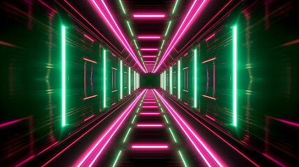 Wall Mural - Futuristic space tunnel with green pink neon lights in a octagon shape, modern space technology design, digital computer illustration in dark mood, wallpaper