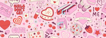 Y2k Pink Girly Seamless Pattern With Cake, Milk, Rose Flower, Strawberry, Cassette. Coquette Banner Backgroud With Vintage Decor. 2000s Aesthetic. Vector Texture For Wrapping Paper, Wallpaper, Cover