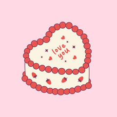 Cute heart shaped bento cake with strawberries. Romantic dessert with text. Valentine day and anniversary pastry food. Love sticker for card, poster, collage design. Vector illustration.