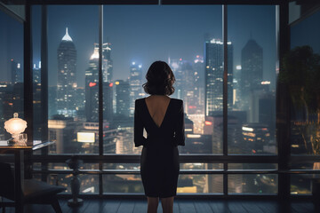 Poster - Rear view of asian business woman standing on modern terrace, dark light photography