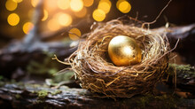 Golden Easter Eggs In Birds Nest On Nature Background. Easter Holiday Concept Abstract Background Copy Space