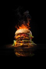 Burger in fire on a wooden table