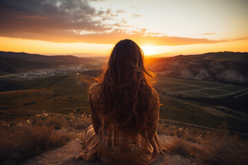 Wall Mural - Rear view of female contemplating scenic view of raw nature from above during sunset, aesthetic look