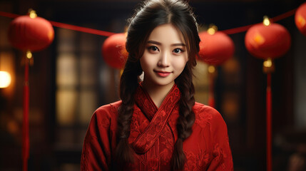 Chinese beautiful smiling girl with Chinese traditional clothing on Chinese new year background