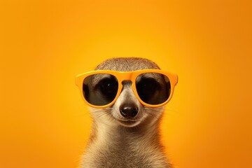 Sticker - A meerkat wearing sunglasses stands out against an orange background. This image can be used to add a touch of humor or to represent a cool and stylish attitude