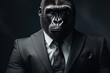 A gorilla dressed in a formal suit and tie. Suitable for business, humor, or animal-themed designs.