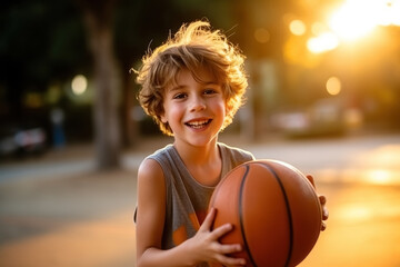 smiling shaggy boy with a basketball on the street at sunset, children's entertainment without gadgets, vacation, independence from technology