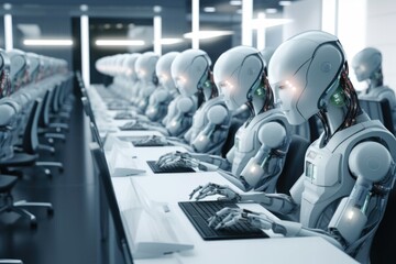 Canvas Print - A group of robots sitting at a table with computers. This image can be used to depict a futuristic workplace or technology advancements.