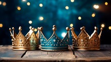 Three Golden Crowns On Blured Background. Christmas Three Kings Day The Three Wise Men, Or Epiphany Day Holiday Celebration Night, Bokeh Wallpaper Banner