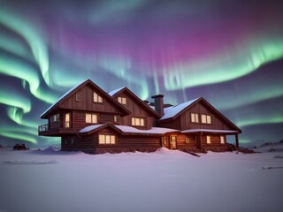 Poster - Aurora borealis over house in winter landscape