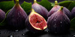 Fresh Ripe Purple Fig Fruit and Slices with Leaf and Droplets. Bio Organic Figs Isolated on Dark Purple Background.
