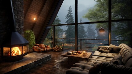 Chalet interior with fireplace with forest view from window.