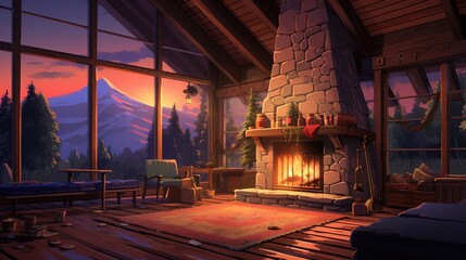 Living room interior with fireplace with a view of the mountains from the window. Room cartoon style.