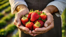 Close-up Of Two Wrinkled Hands (cupped Hands Full Of Fresh Strawberries) Of A Farmer Showing The Harvest Of Red Strawberries Wet With Dew.