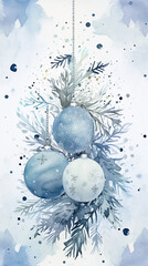 Wall Mural - Winter background with watercolor snowy forest. New Year image with Copy space.