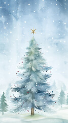 Wall Mural - Winter background with watercolor snowy forest. New Year image with Copy space.