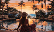 Rear back view single woman in hat and summer dress welcoming sunset seated on poolside, enjoy evening light and view to exotic tropical nature on holidays in luxury resort. Vacation, travel concept